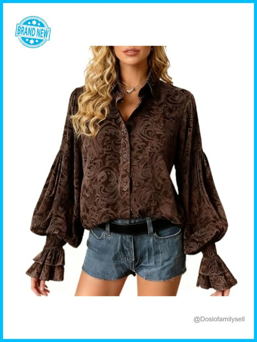 Velvet Blouse Floral Puff Sleeve V-Neck Peasant Top Women